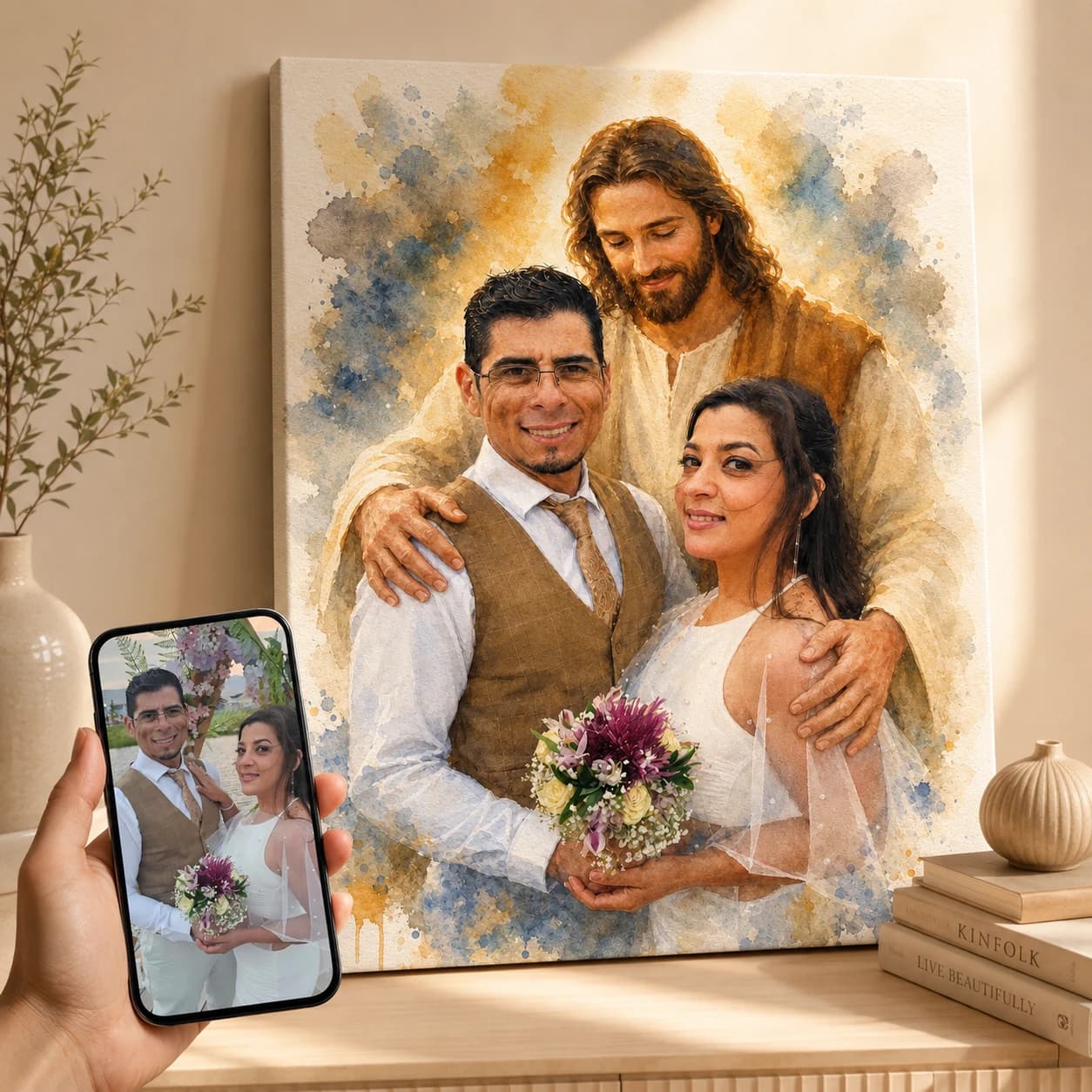 Warm devotional portrait with Jesus, printed on canvas