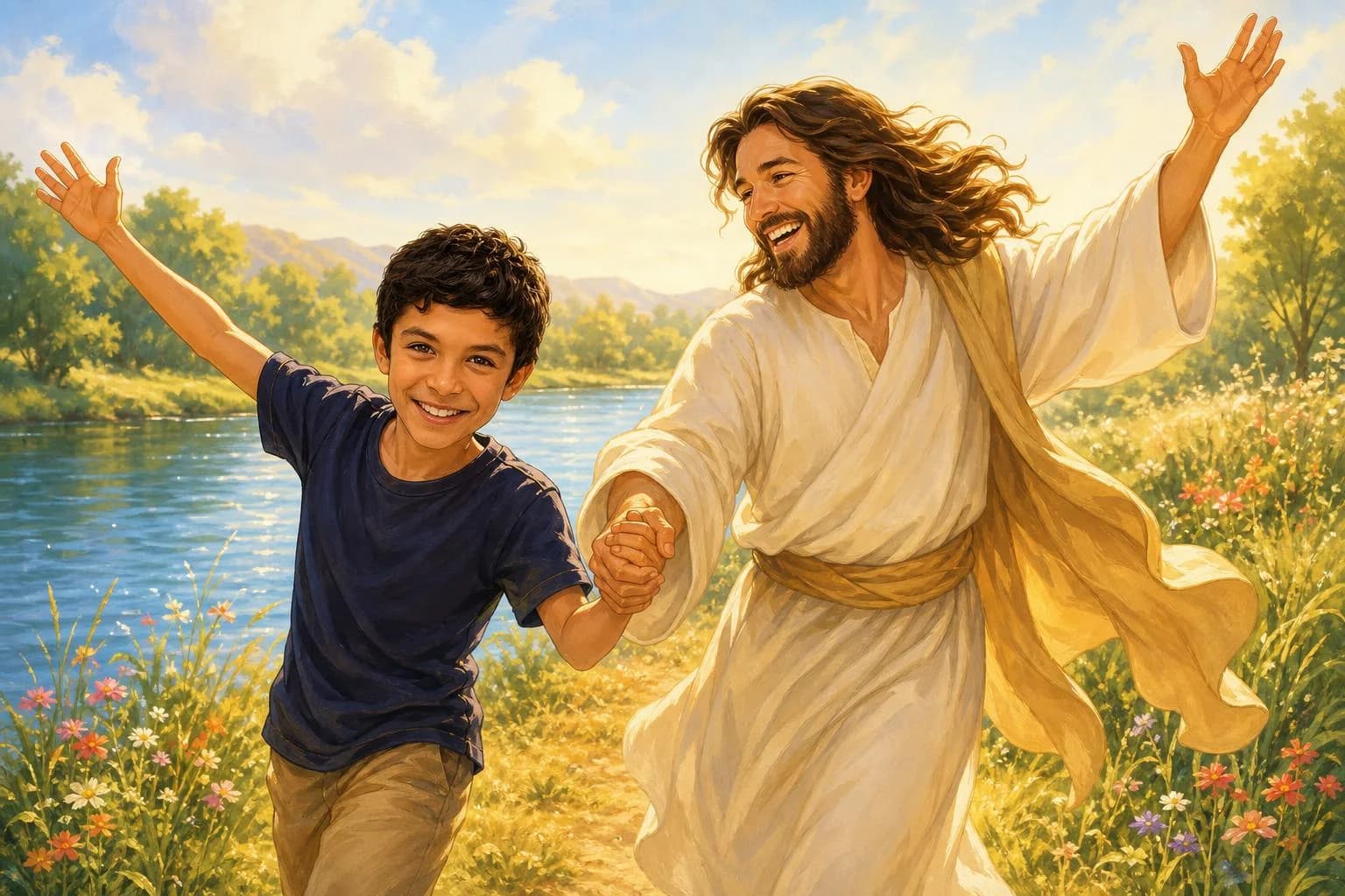 Storybook cartoon of a child dancing with Jesus