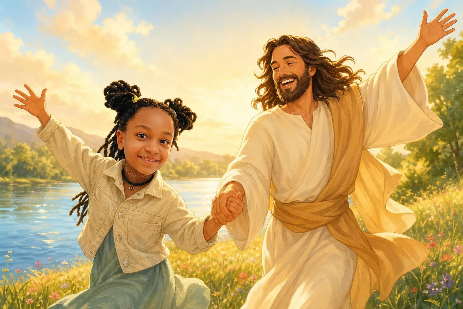Storybook cartoon of a child dancing with Jesus