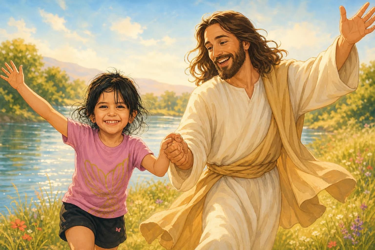 Storybook cartoon of a child dancing with Jesus