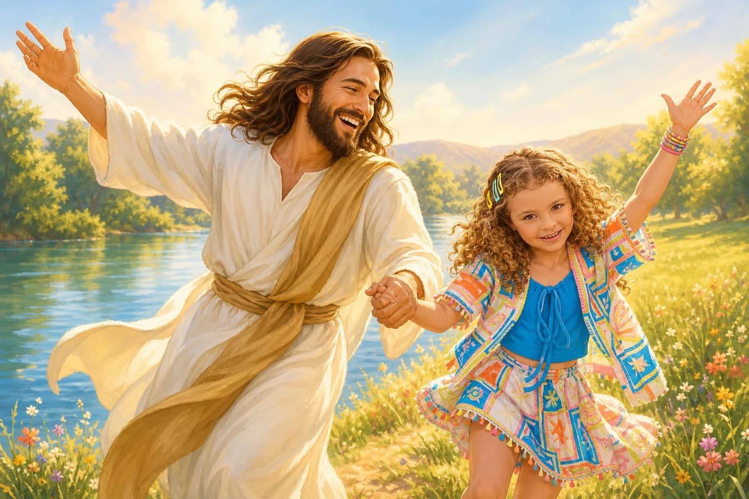 Storybook cartoon of a child dancing with Jesus