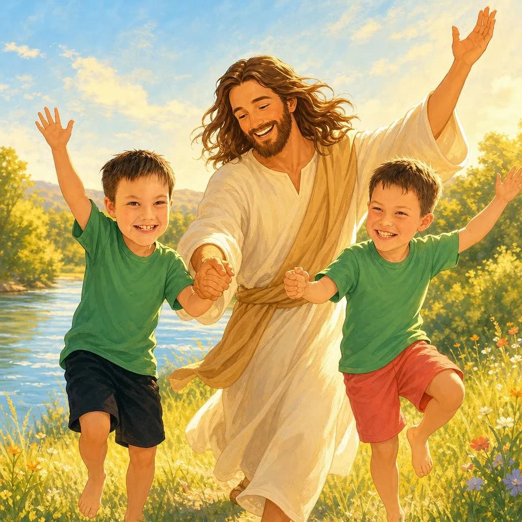 Storybook cartoon of a child dancing with Jesus