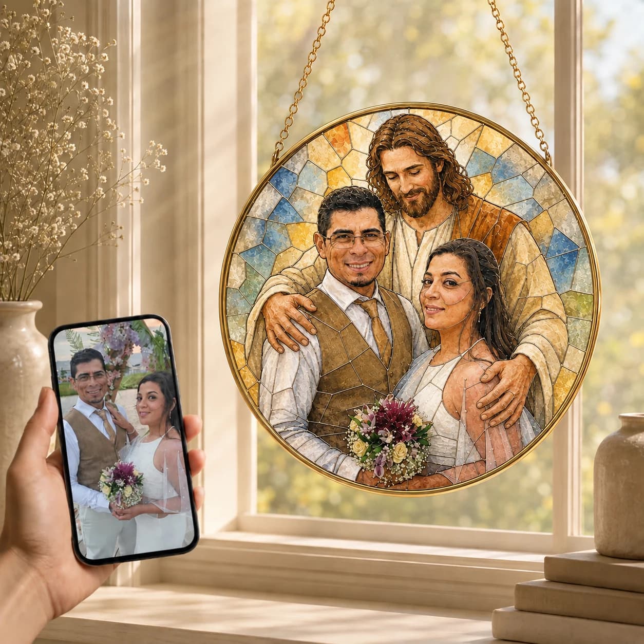 Stained glass suncatcher printed with a sacred portrait