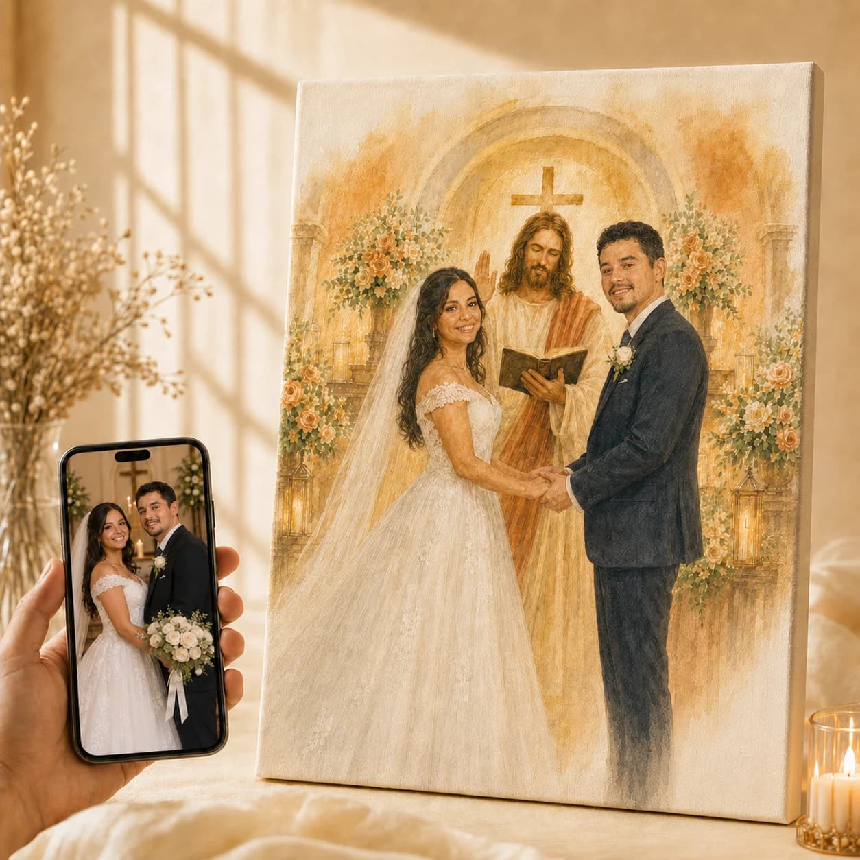 A real wedding photo, painted beside Jesus on canvas